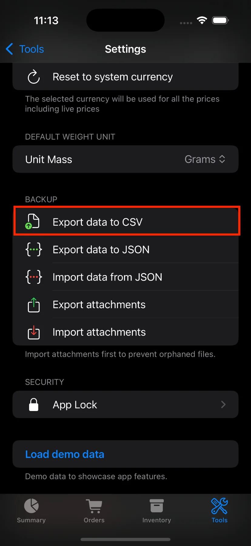 Export to CSV from settings screen