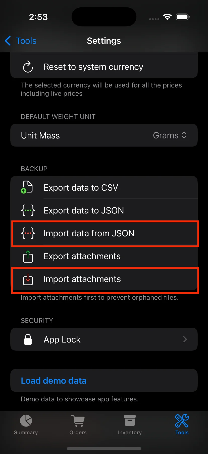 Export/Import to/from JSON from settings screen