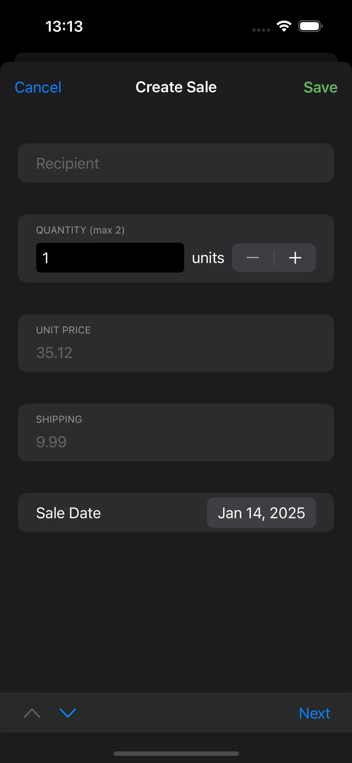 Create sale screen