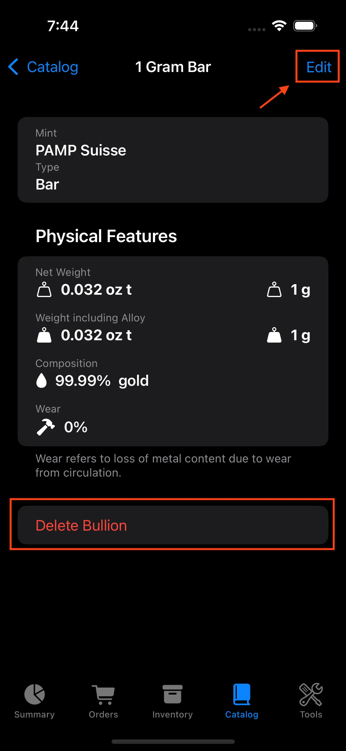 Edit or delete bullion buttons screen