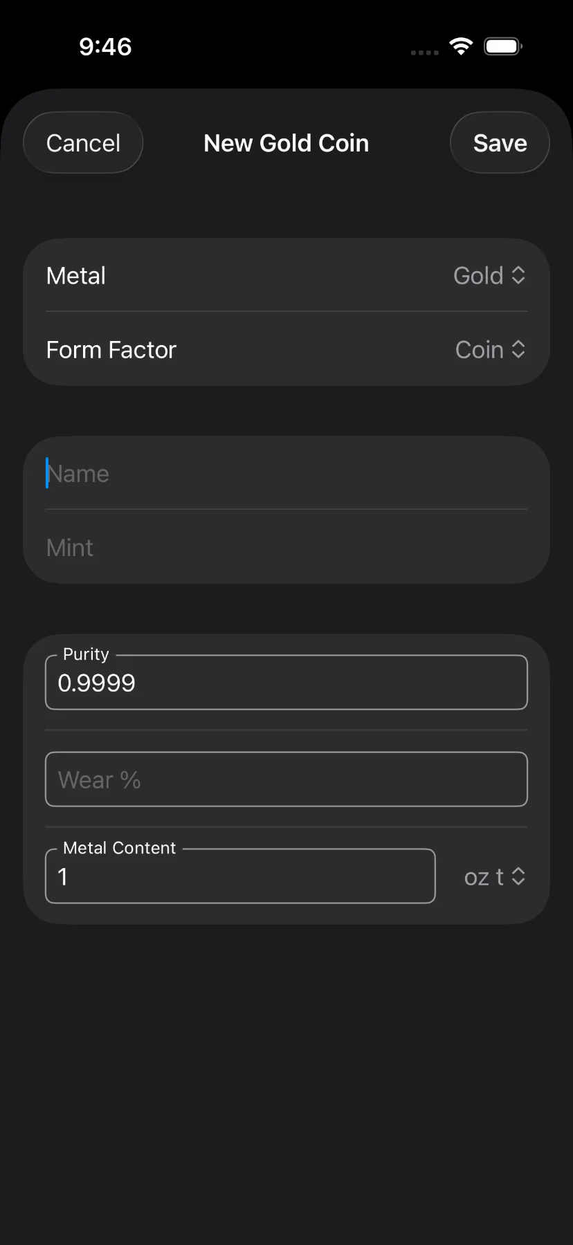 Create bullion screen
