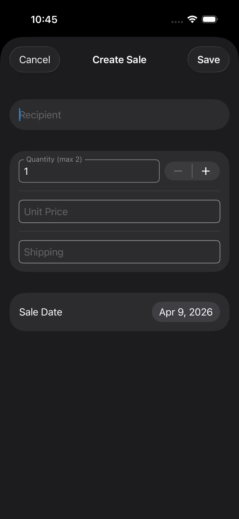 Create sale screen