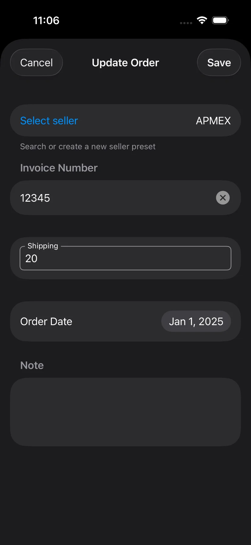 Edit order screen