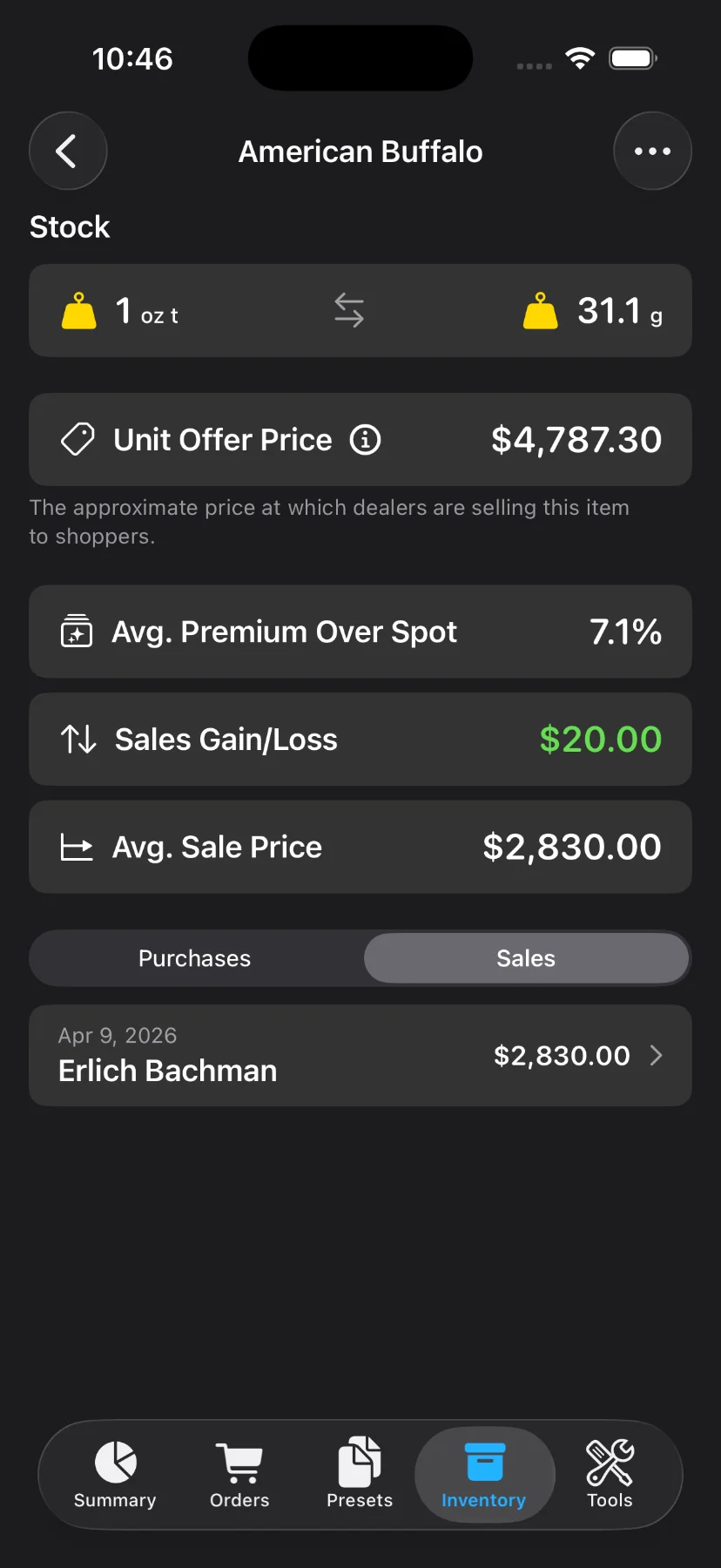 Sales tab and sale details screen