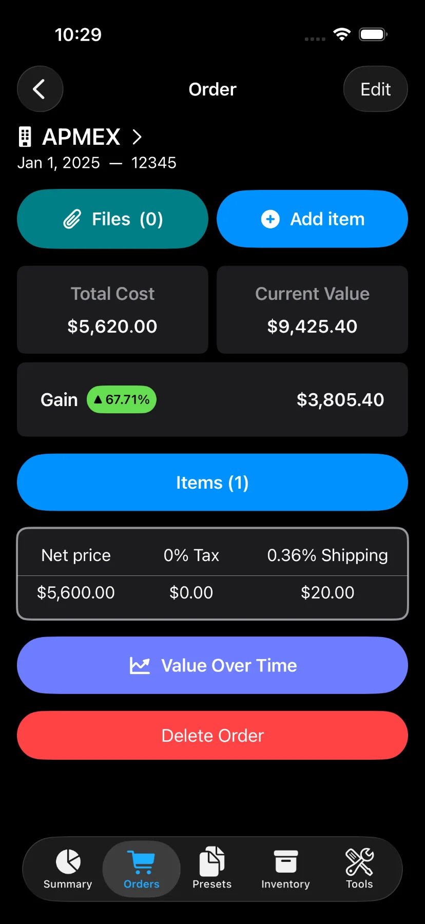 Order details and inventory