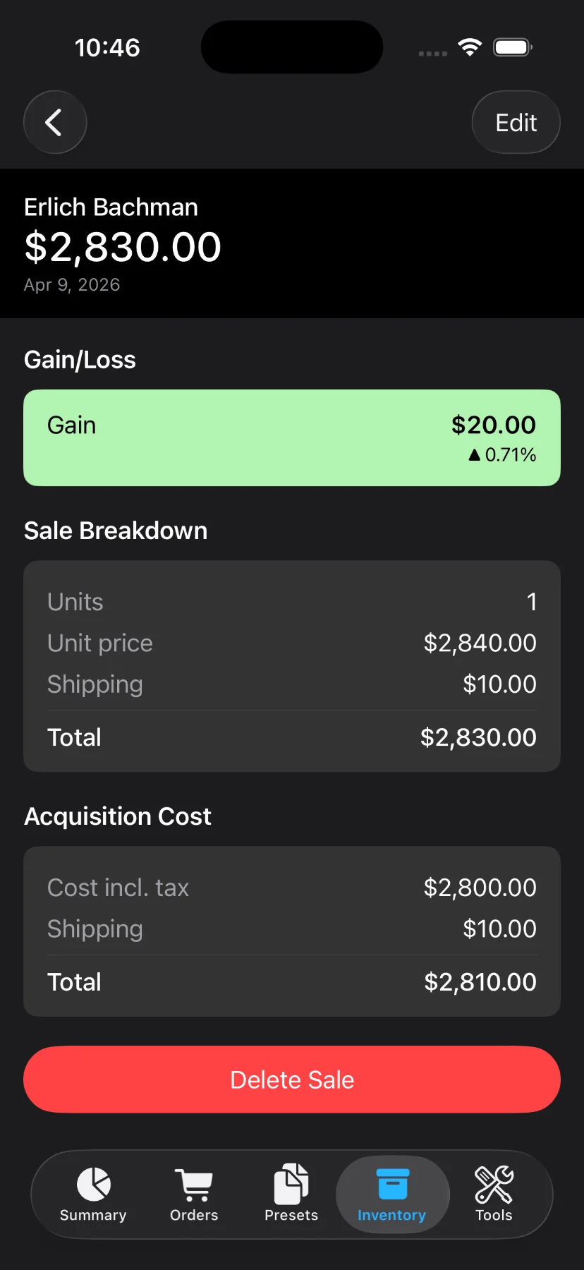Sales tab and sale details screen