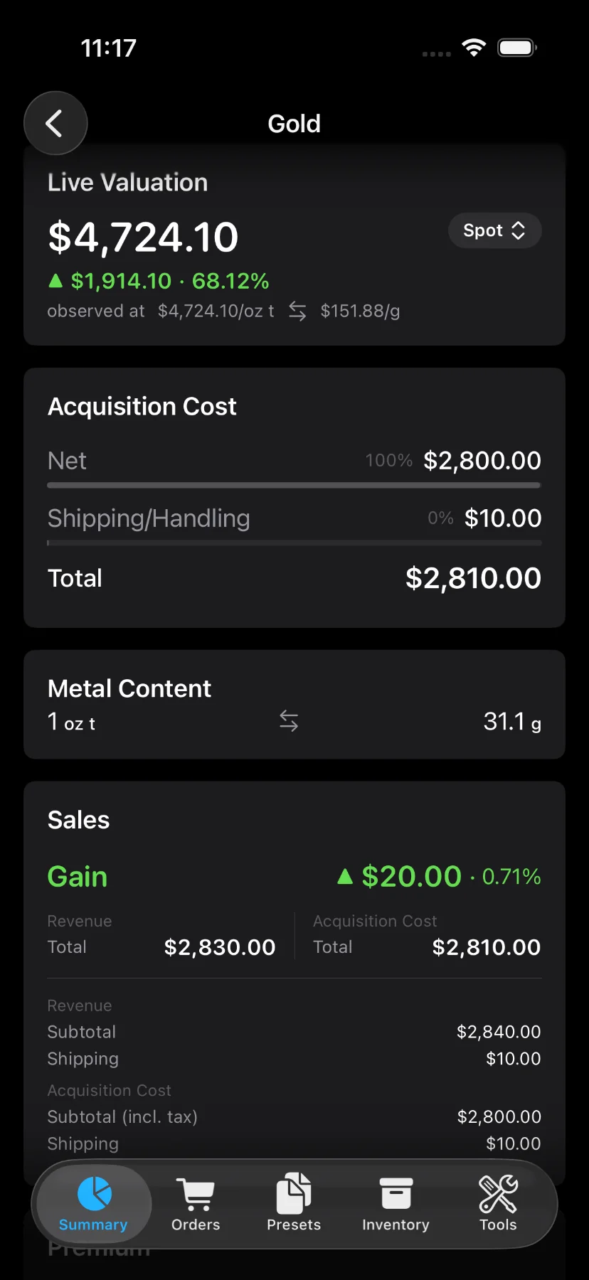 Metal holdings and metal detail screen