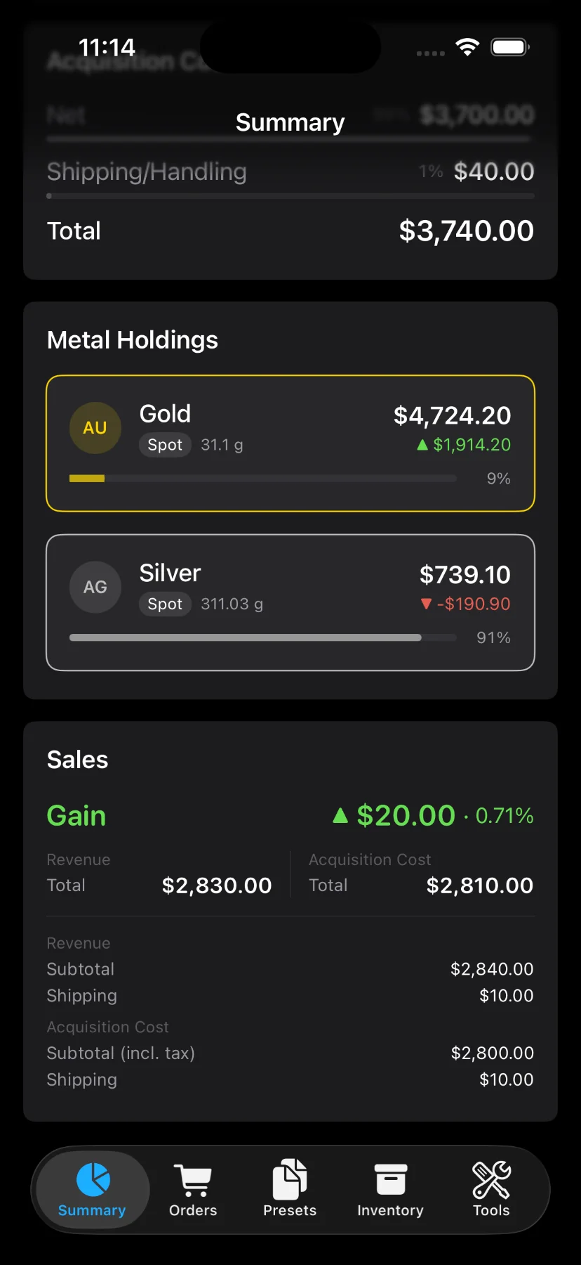 Metal holdings and metal detail screen