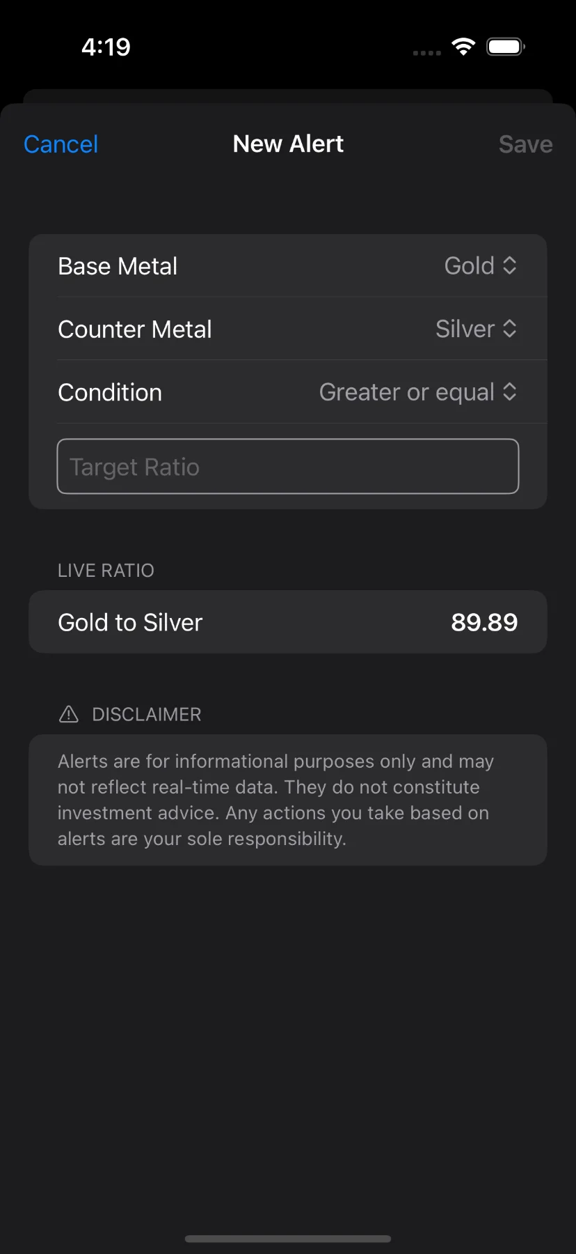 Create metal ratio alert