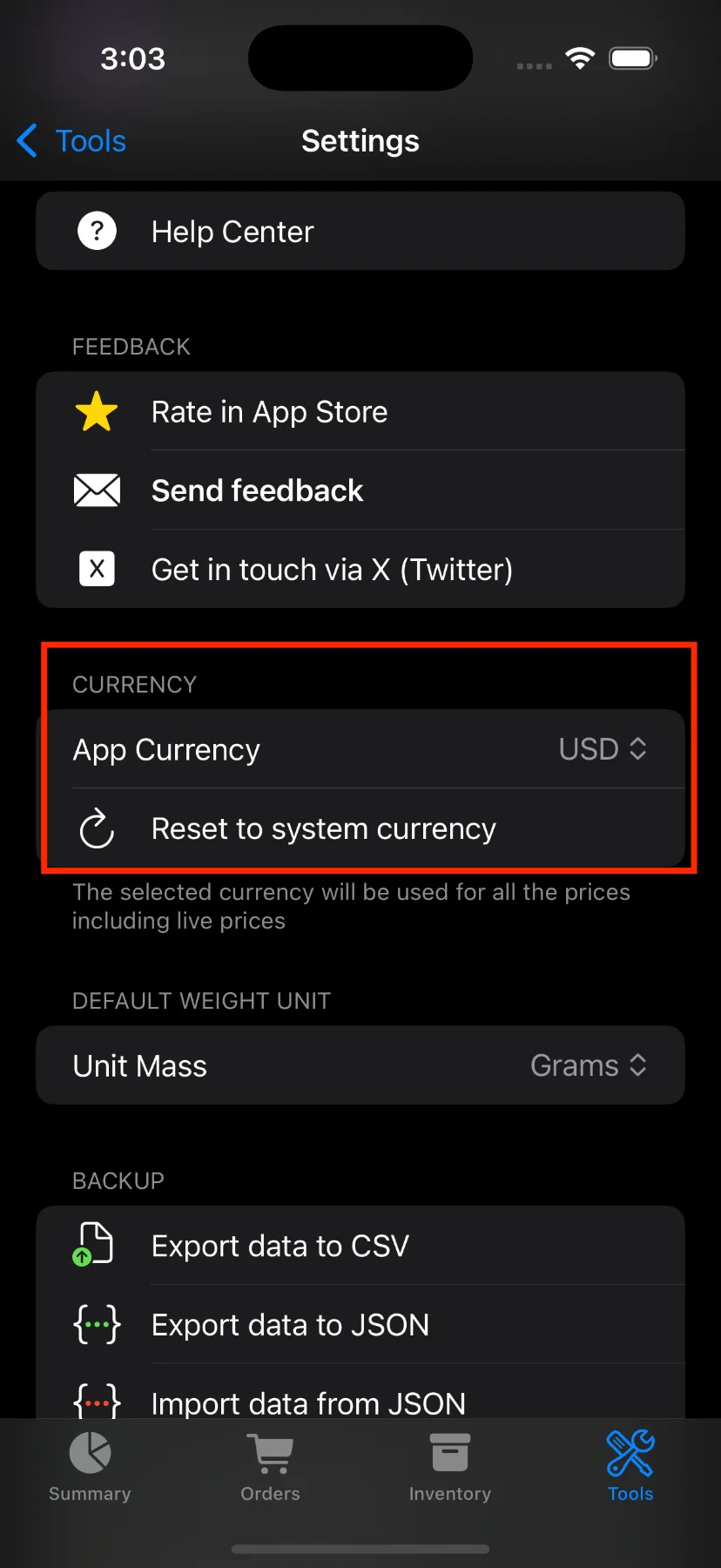 Change currency settings screen