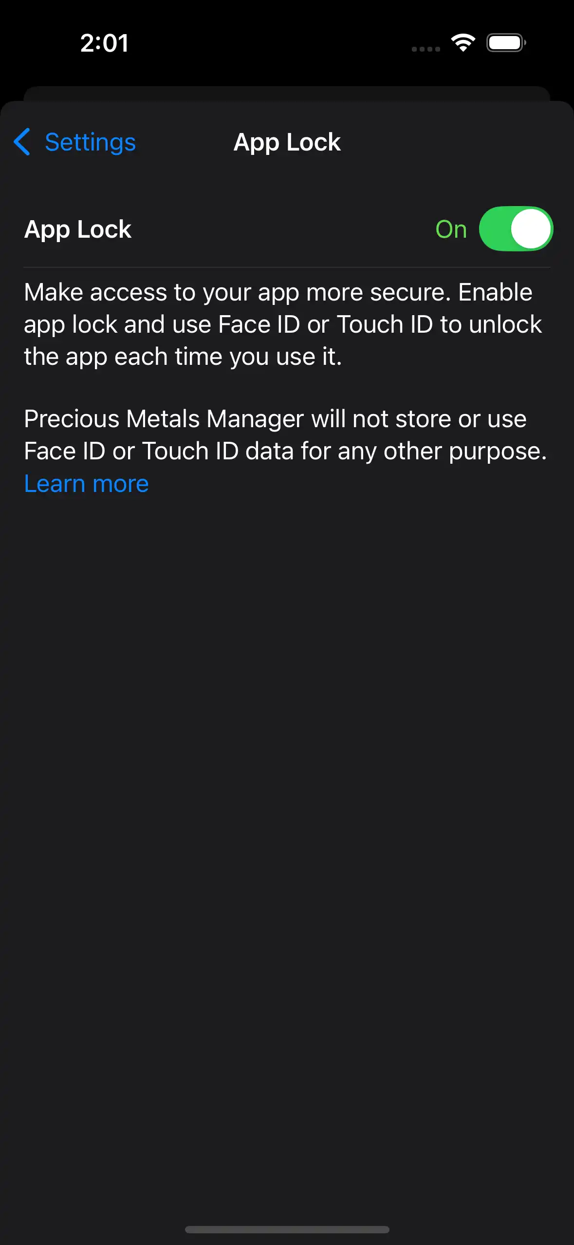 App Lock toggle in settings