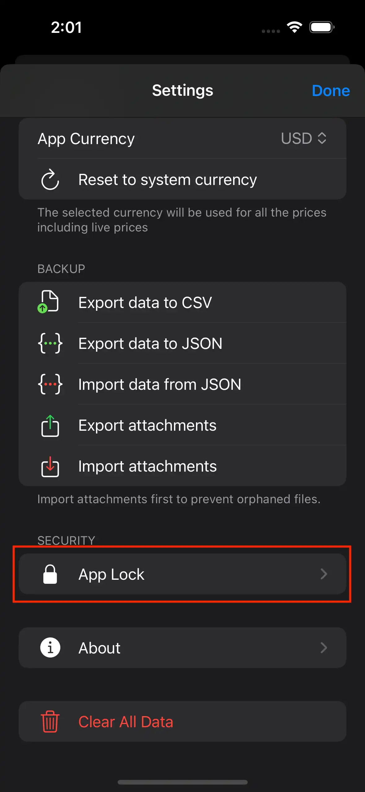 Settings app lock button