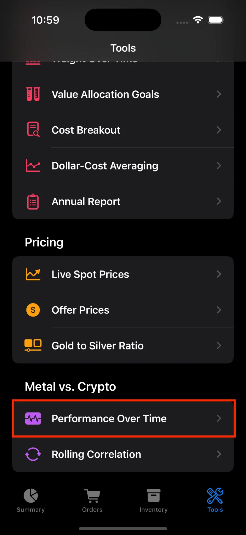 Performance over time form settings