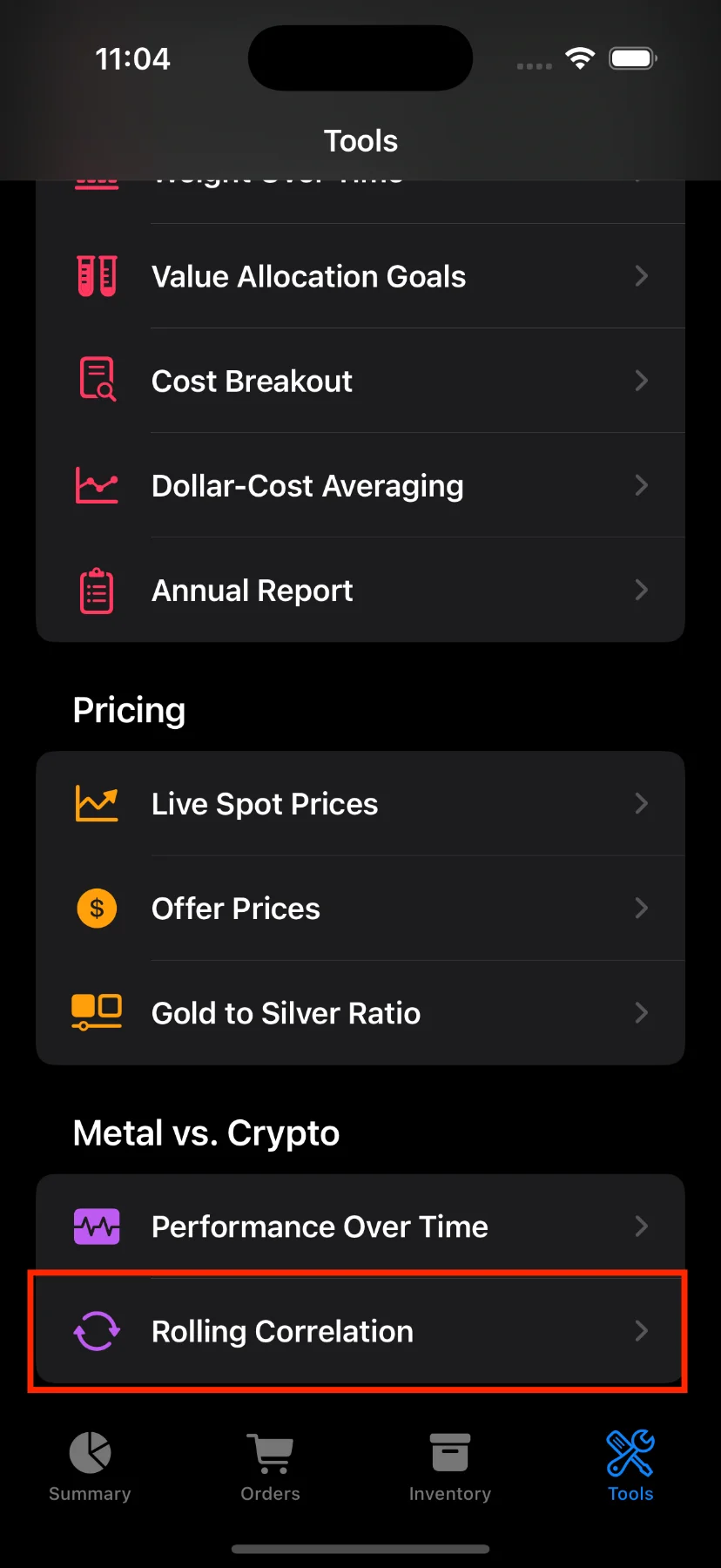 Rolling correlation form settings